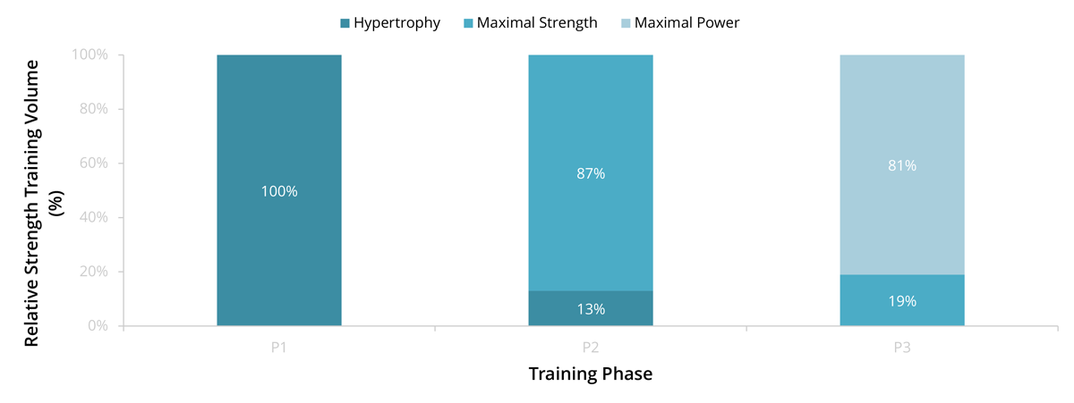 Relative contribution of each strength training type to the total volume training in each phase